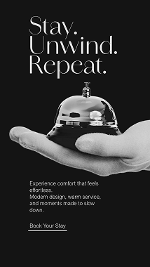 A gloved hand holds a shiny service bell on a black background. A serif text with thin lines reads “Stay. Unwind. Repeat.”