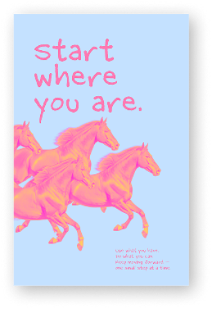 Stylized pink horses run on a light blue background. Bold pink text says,