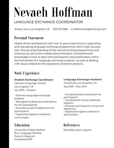 Black and white professional resume for a language exchange coordinator with sans serif and serif fonts