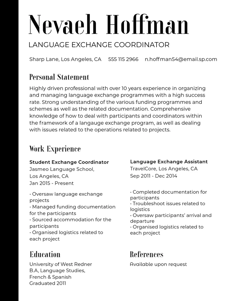Black and white professional resume for a language exchange coordinator with sans serif and serif fonts