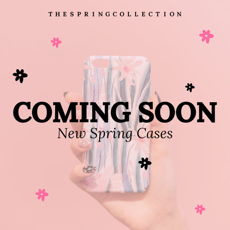 "Coming Soon New Spring Cases" Instagram post with a semi-translucent hand holding a floral phone case in the background