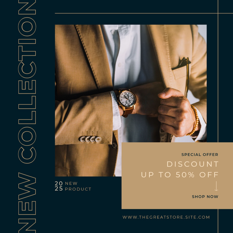 An Instagram social media marketing post promoting a new suit collection and offering a 50% off discount
