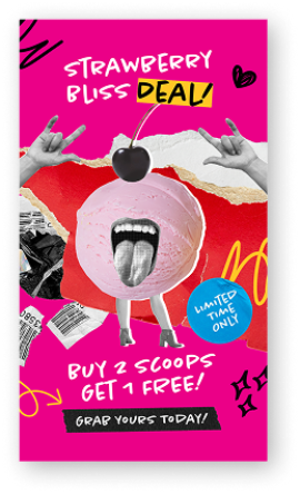 Bright pink ad with a whimsical ice cream scoop face, a cherry on top, and playful hand signs. Headline reads: “Strawberry Bliss Deal!