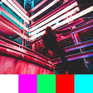 A color palette created from an image of a structure with pink, green, red, and blue neon reflecting lights