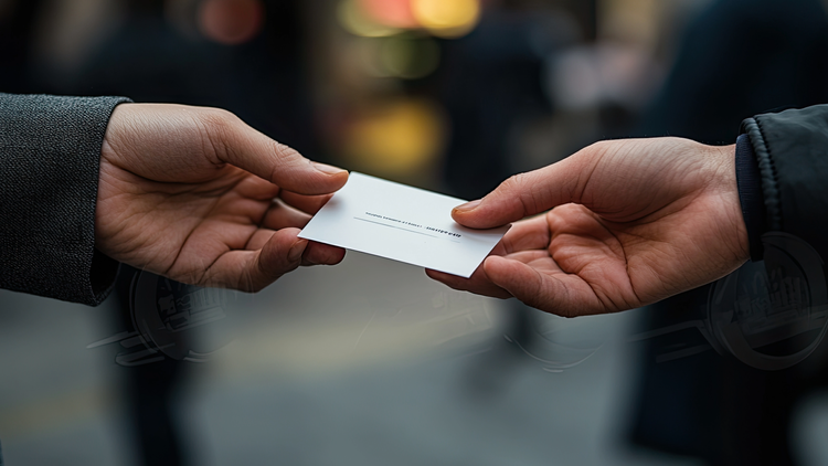 Two hands captured in the exchange of a small white rectangular card