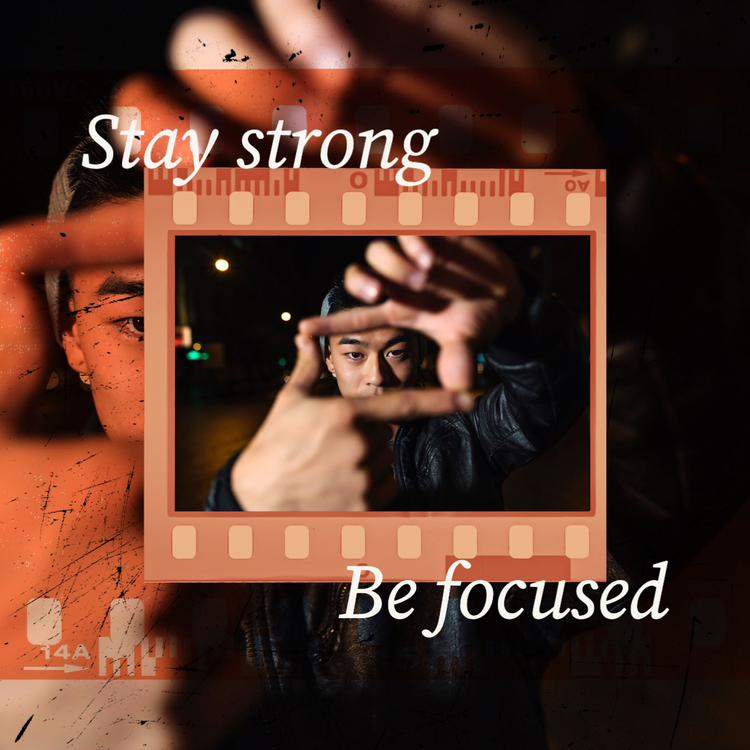 "Stay strong" Instagram post of a person holding up a rectangle shape with their fingers to the camera on a film graphic
