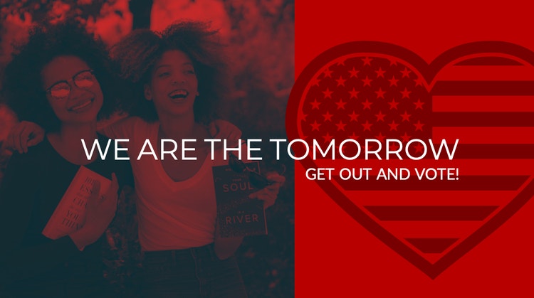 Photographic image with a red filter encouraging people to vote.