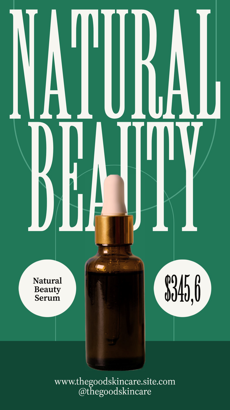 A social media ad for a natural beauty serum with a stylish header font and crisp body text