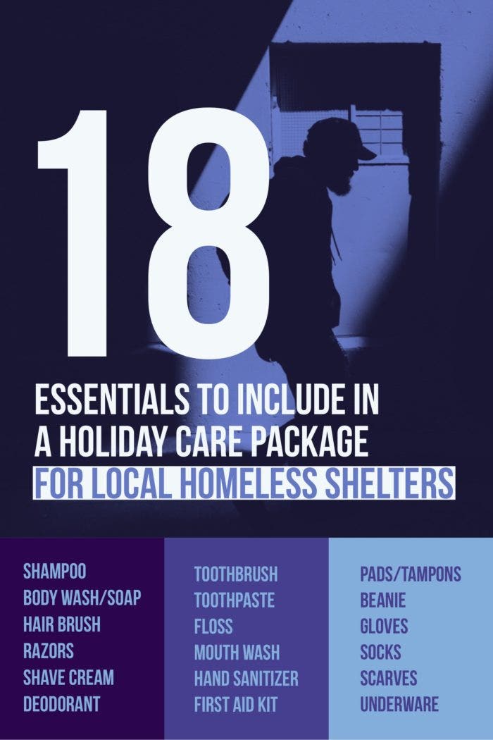 Blue graphic about holiday care packaging for local homeless shelters.