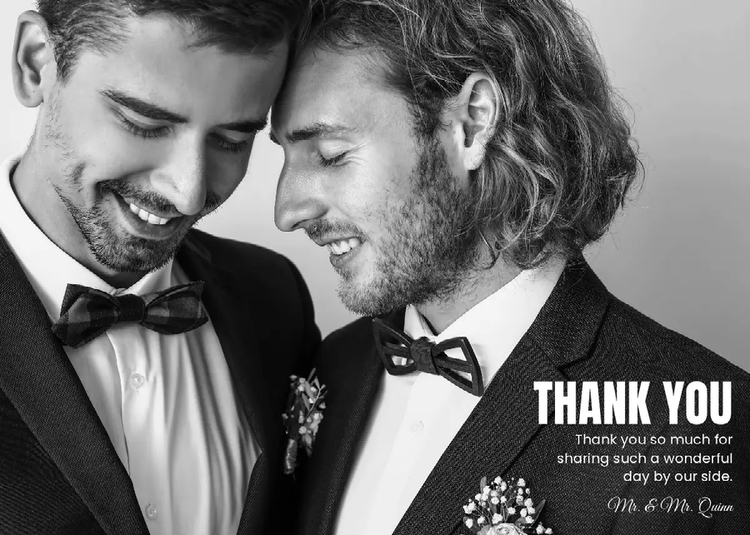 A wedding thank you card with a back and white image of a couple