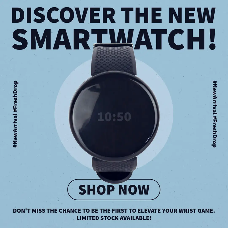 A social media post promoting a new smartwatch with a black watch against a blue background