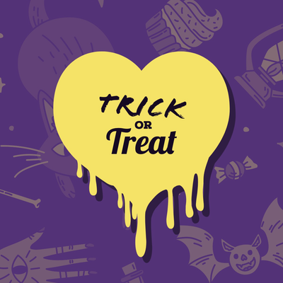 "Trick or treat" Halloween Instagram post written in a dripping yellow heart against a purple background with various Halloween icons