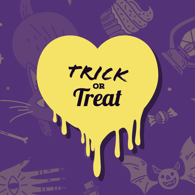 "Trick or treat" Halloween Instagram post written in a dripping yellow heart against a purple background with various Halloween icons