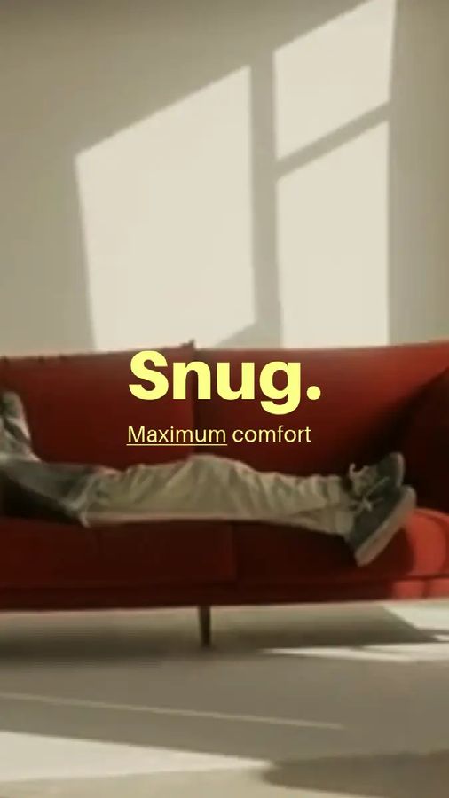 A TikTok social media marketing ad for a new sofa collection called Snug with a person laying on a red couch against a white background