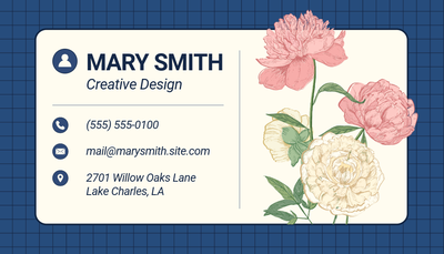 Adobe Express business card template for creative designer in blue with flower illustration