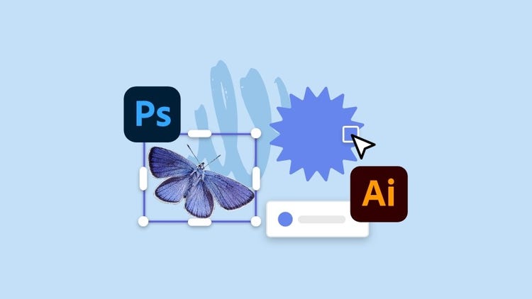 A butterfly on a blue background with the Adobe Photoshop and Illustrator logos || edit-photoshop-and-illustrator-files_intro-image_900x506.jpg