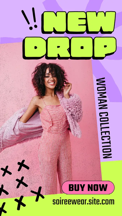 A social media marketing ad for a new drop of a woman's collection of clothing with a person wearing a pink jumpsuit and purple jacket smiling