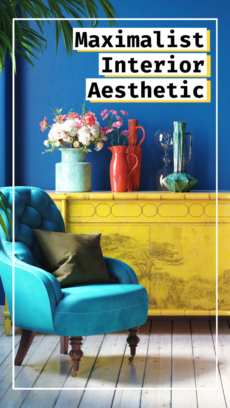 "Maximalist Interior Aesthetic" TikTok thumbnail with bright piece of furniture and home decorations against a blue wall