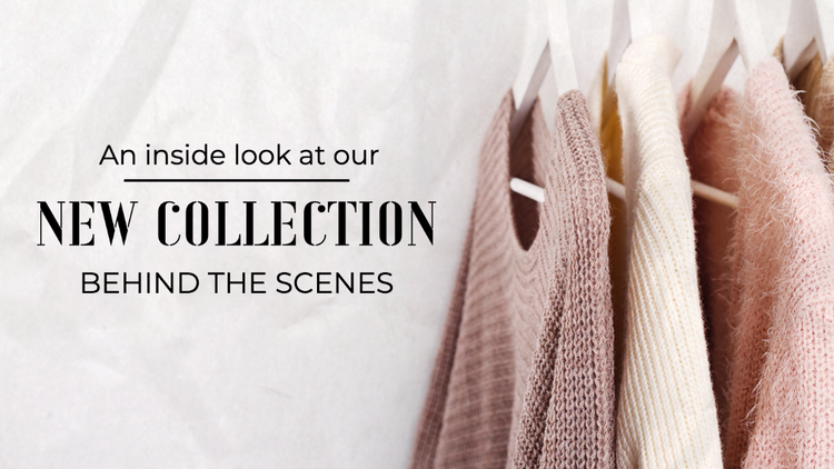 "An inside look at our new collection – behind the scenes" Twitter banner with neutral-colored sweaters on hangers