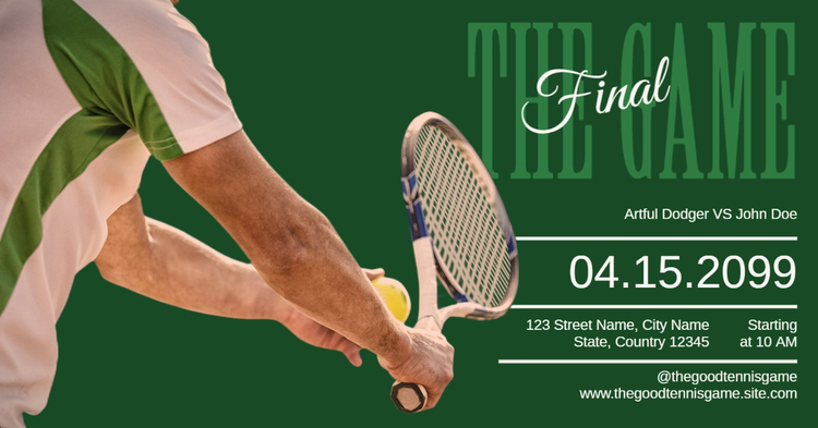 A Facebook banner promoting the final game of a tennis match with relevant details and an image of hands holding a tennis racket and ball