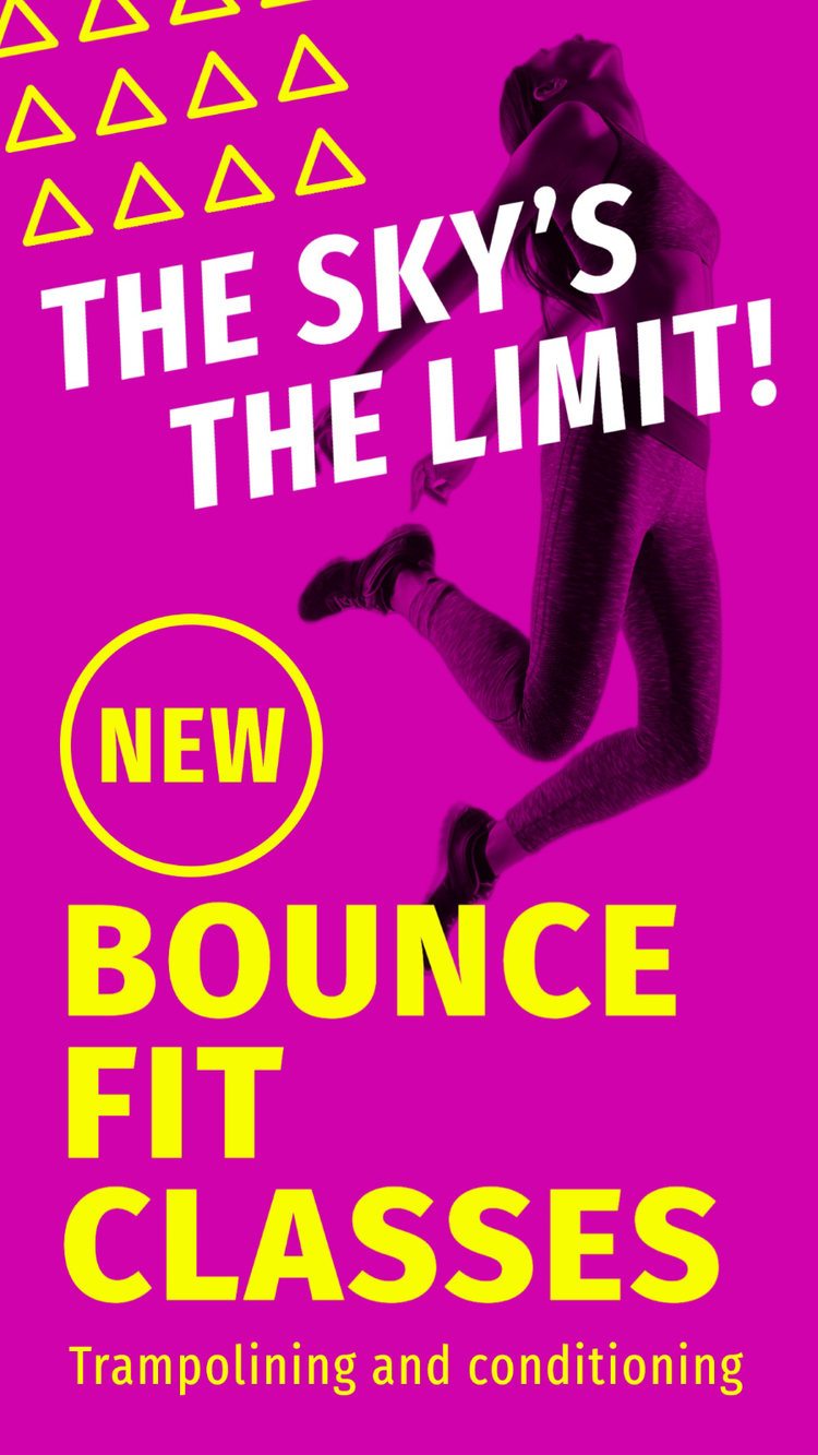 A Facebook Business Page story promoting new bounce fit classes for trampolining and conditioning that says "The Sky's the Limit!"