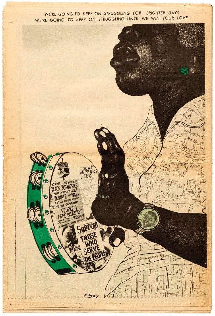 An illustrated newsprint image of a Black person in profile from nose to waist playing a tamborine with protest signage collaged on it encouraging the support of Black business.