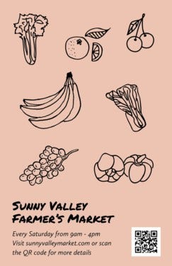 Peach colored image featuring illustrations of fruit featuring QR code to scan for information about a farmer's market