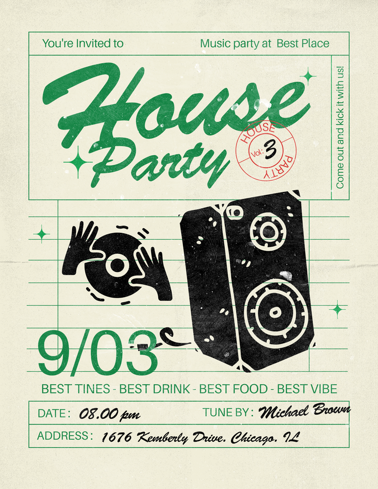 party flyer saying house party with a speaker and DJ hands