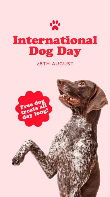 Pink poster for international dog day featuring a brown dog