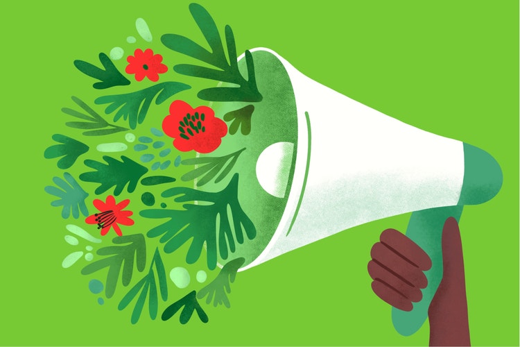 How to make your carousels stand out header image featuring an illustration of a megaphone with flowers coming out of the end over a green background