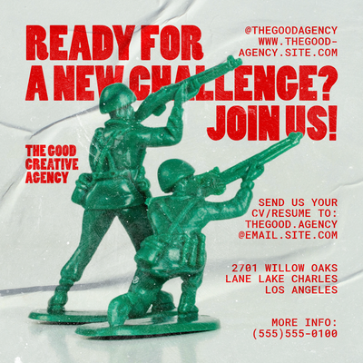Recruitment graphic for social media featuring green toy soldiers