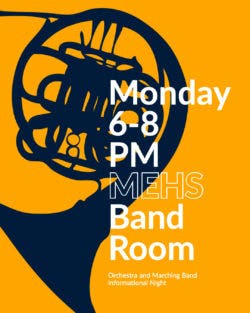 Yellow image advertising for a band club - featuring a horn in black silhouette