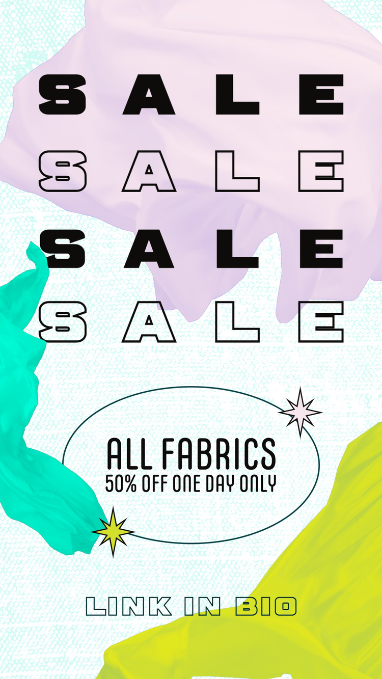 "SALE All fabrics 50% off one day only" affiliate Instagram post with imagery of colorful fabrics and a "Link in Bio" CTA