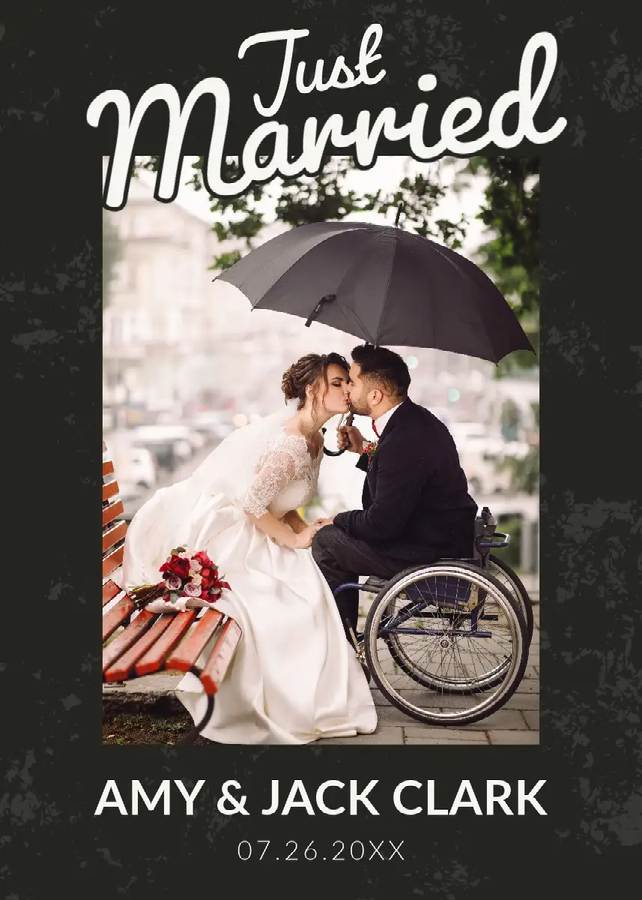A wedding announcement with an image of a couple kissing and the words "Just Married" written in cursive against a dark green background