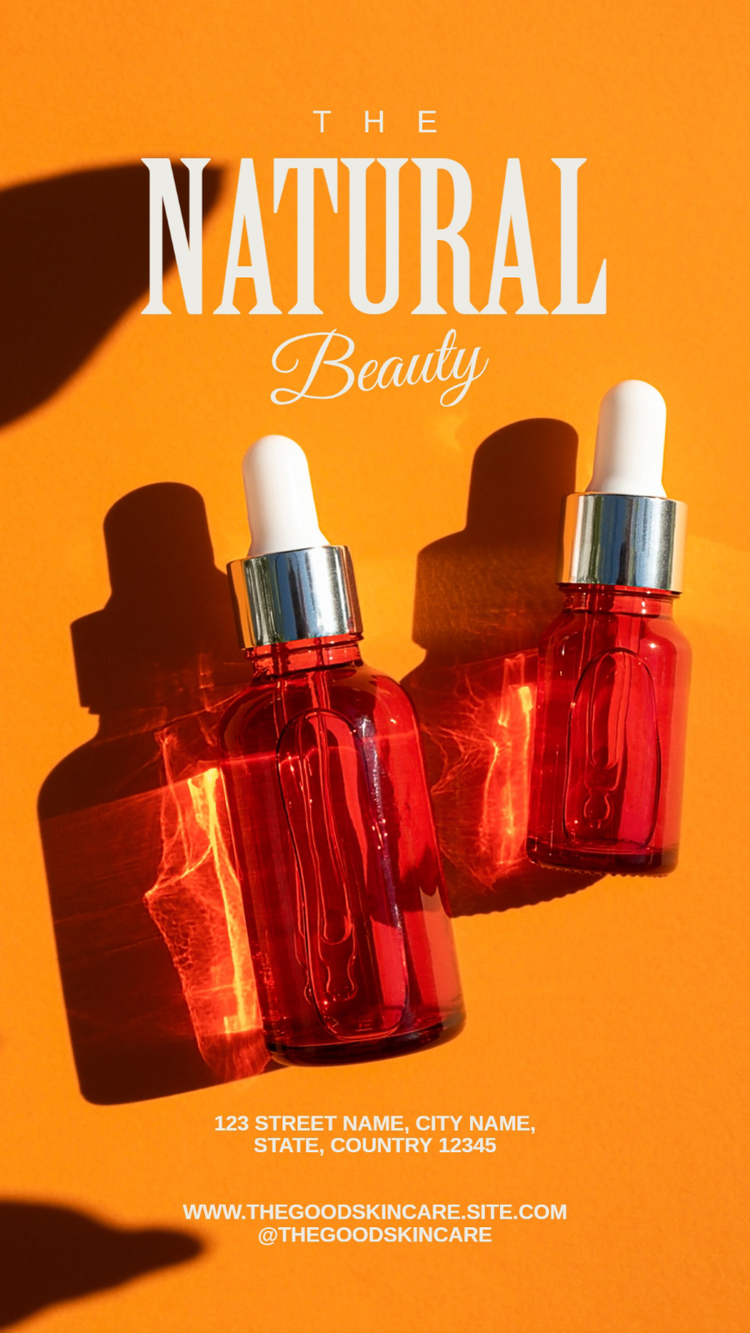 A Facebook Marketplace story ad for The Natural Beauty with two orange-tinted skincare bottles against an orange background.