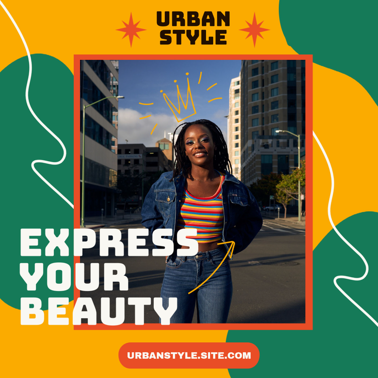An urban style social media influencer posing with a graphic of a crown above their head with "express your beauty" written in bold letters