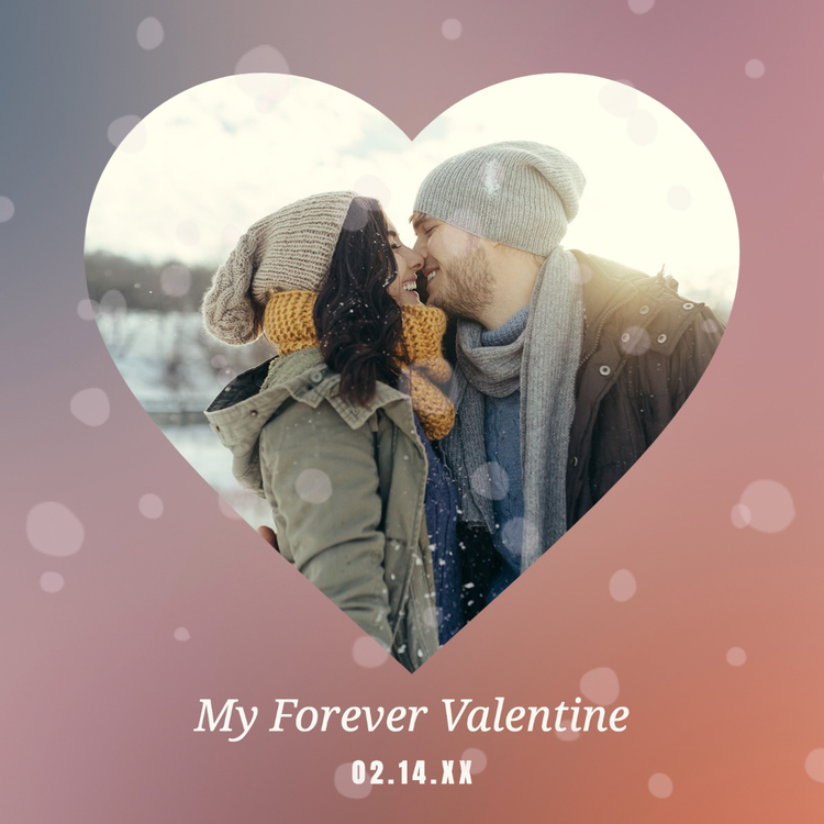"My forever Valentine" Instagram post with a picture of two people kissing cut into a heart shape against a gradient background