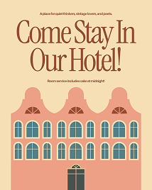 A vintage hotel advertisement with a decorative serifed headline inviting guests. Features a stylized pink building with arched windows against a beige background.
