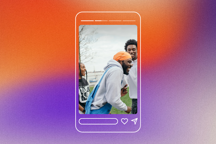 A graphic displaying an Instagram Story with a freeze frame of three people laughing and smiling in an field