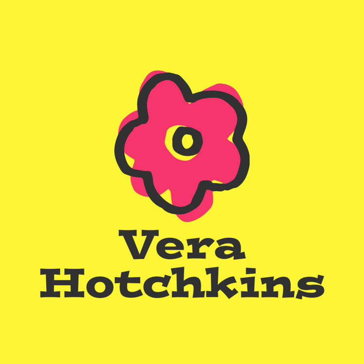 A logo for the social media influencer Vera Hotchkins with a pink sketch of a flower against a yellow background