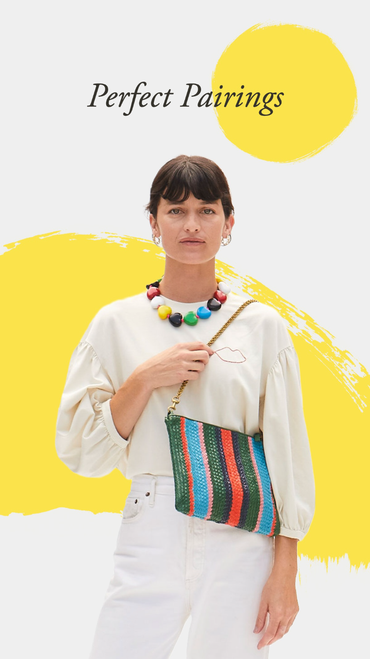 "Perfect Pairings" Instagram reel cover with a model posing with a multicolored necklace and bag