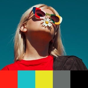 A color palette created from an image of a person wearing red and black with multicolored sunglasses against a blue sky