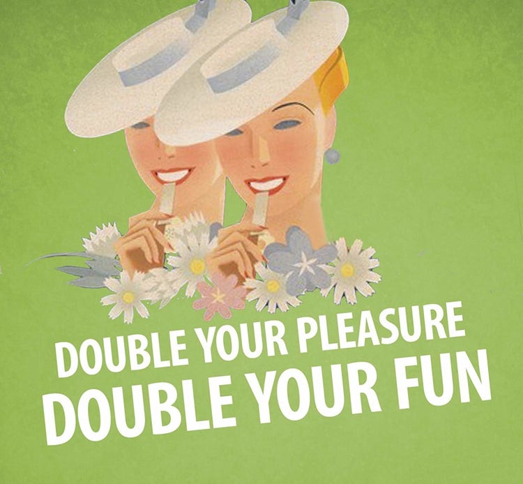 Two identical people holding gum to their mouths with the slogan below with flowers against a green background