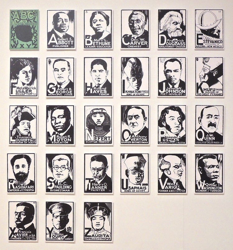 Layout of the cover and pages for each letter of the alphabet in Charles Dawson's ABCs of Great Negroes of 1933. Cover has black text on a green background and each page includes a black and white portrait and the subject's name with the relevant letter largest.