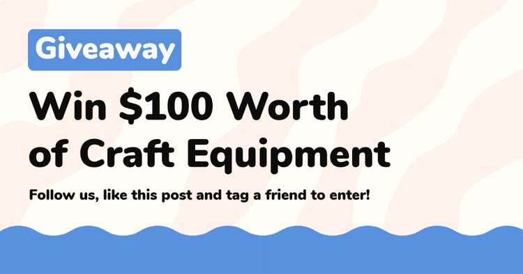A Facebook Business Page promotion for a $100 craft equipment giveaway, requiring users to follow, like, and tag a friend to enter