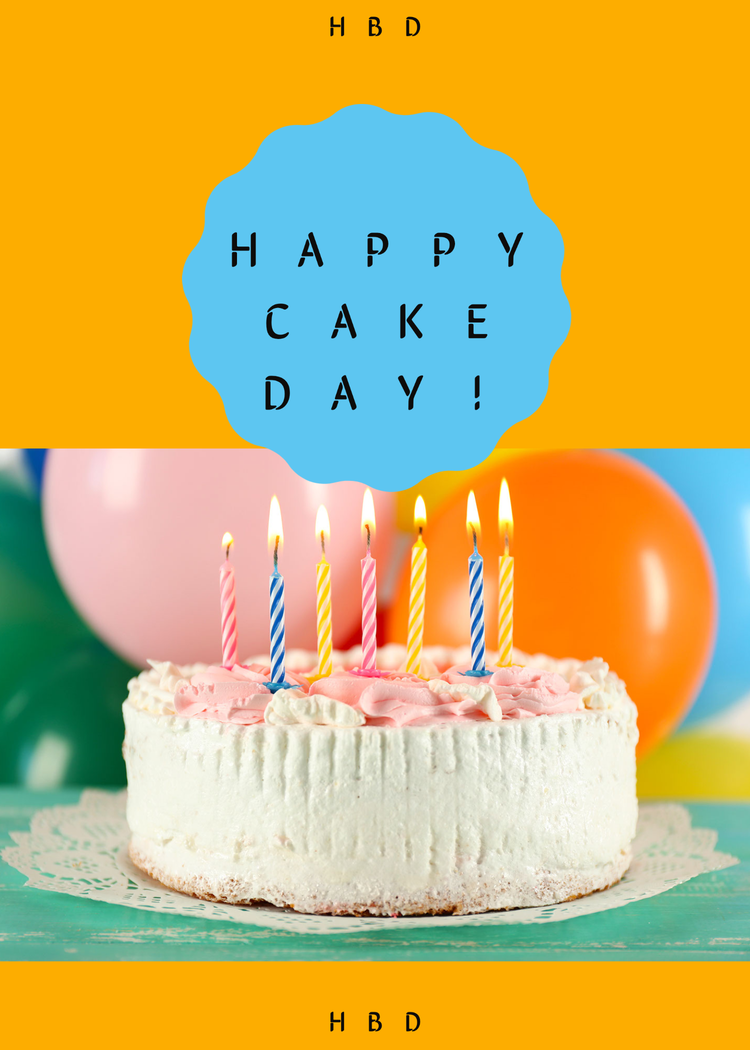 "Happy cake day!" card with a cake with lit candles and baloons in the background