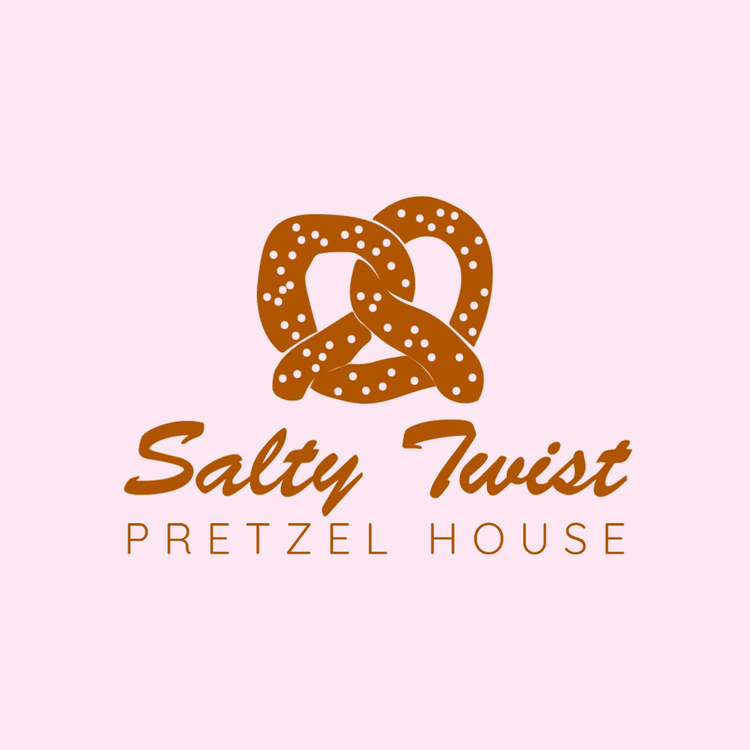 Salty Twist Pretzel House text and icon logo in the fonts Brush Script Std and Quicksand with an icon of a soft pretzel