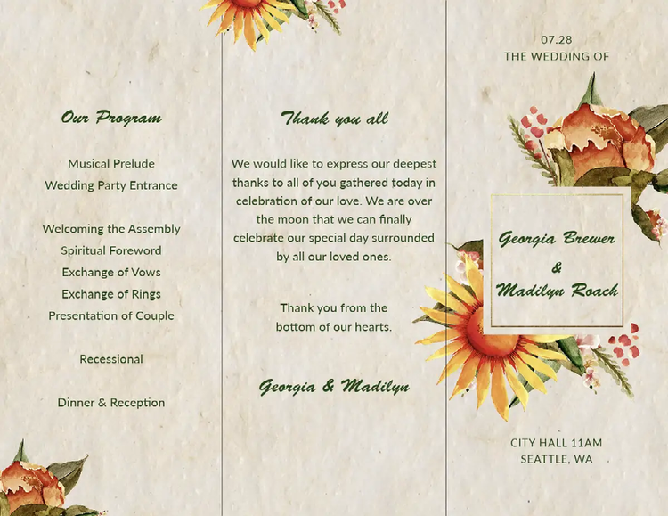 An off-white and green wedding program with paintings of various flowers