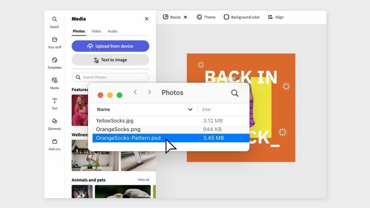 Media tab open and the clicker selects a Photoshop file to upload from device || edit-photoshop-and-illustrator-files_step1_900x506.jpg