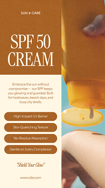 Advertisement for SPF 50 cream showing a hand squeezing cream onto a person’s wrist. A gentle serif text highlights the sunscreen’s benefits.